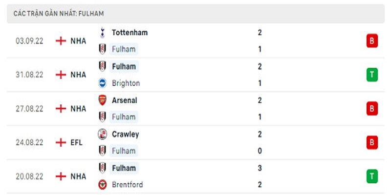 Nhận định, soi kèo Fulham vs Chelsea | 18h30 10/09/2022 Ngoại Hạng Anh 1 5 trận gần nhất của Fulham